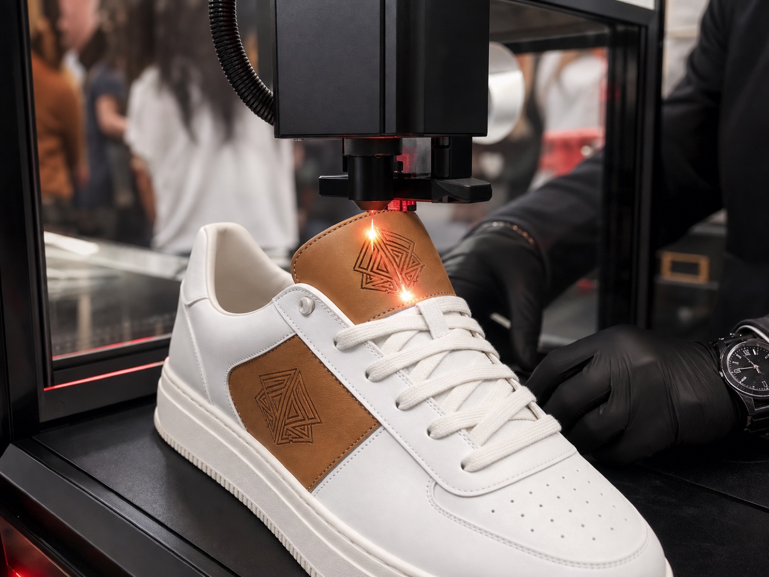 Laser engraving a leather sneaker tongue