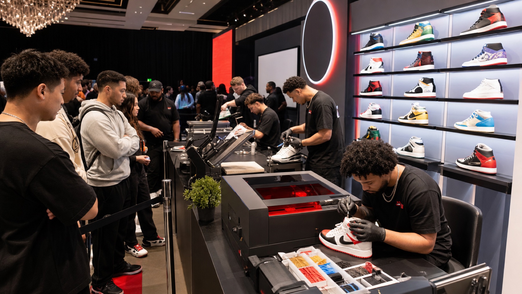 Custom sneaker event booth with guests watching